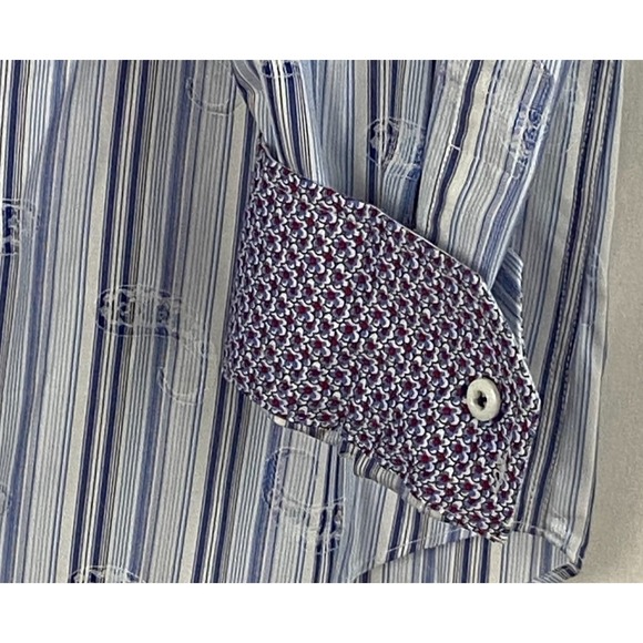 NWT Bugatchi Men Shirt Blue Black Paisley Striped Long Sleeve Flip Cuffs Med New - Picture 3 of 7